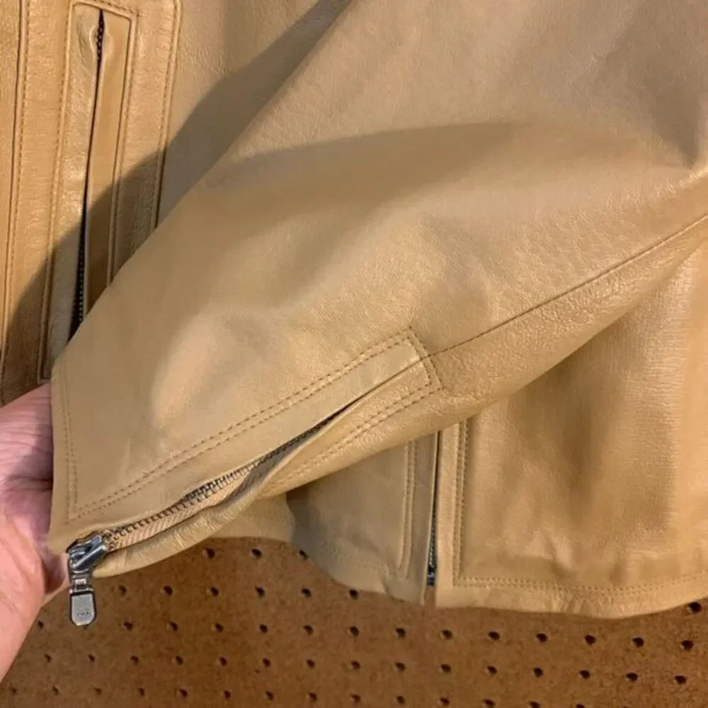 VTG Tan Leather Jacket Blazer 90s Y2K Newport‎ News Minimal Full Zip Retro Sz 14